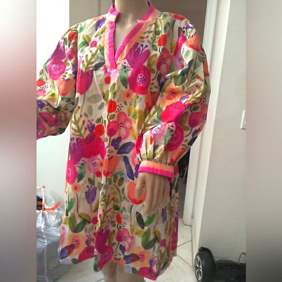 BOUTIQUE MEGA FLORAL Dress (COTTON) BRIGHT PUFF SLV. LINED BOXY SZ. LG GORGEOUS - Picture 4 of 9